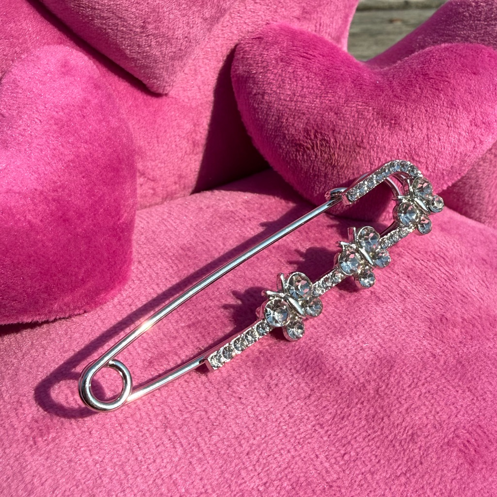 New Large Butterfly Crystal Elegant Silver Floral Safety Pin Brooch
